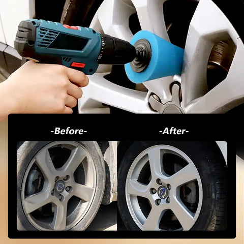5 Piece Aluminum Polishing Kit With Foam Sponge Polishing Balls For Drills used on car chrome rim, before and after results shown.
