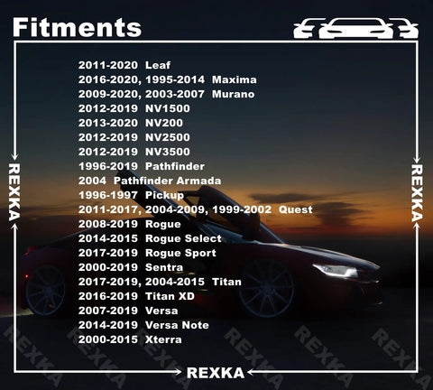 Fitment chart for 40 Piece Fender Liner Splash Shield Push Pin Clips Fit Nissan models including Leaf, Maxima, Murano, and Rogue.