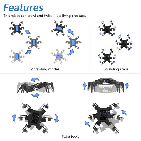 Six Leg Hexapod Robot Kit With Remote For DIY Makers That Walks Crawls And Twists Works With Arduino IDE App Remote Control Easy Programming With Sample Code Library Ideal STEM Project showing crawl and twist features