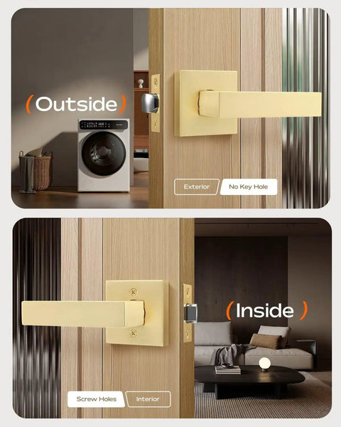 Six Pack Gold Interior Door Levers Non Locking Passage Handles for Hallway and Closet Doors Zinc Alloy with Rust Proof Finish Easy Install Durable Premium Quality for High Traffic Rooms shown on an open interior door.