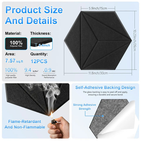 12 Pack Hexagon Acoustic Foam Panels Wall Mounted Self Adhesive Sound Proof Noise Reducing Studio Decor Heavy Duty Black detailed specs and features
