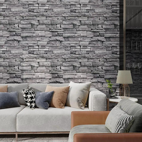 Grey Brick Wallpaper Peel And Stick 17.7 By 394 Inches Faux 3D Stone for living room with couch and decor