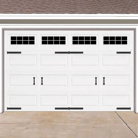 White garage door with Magnetic Decorative Garage Door Hinges And Handles Kit, 8 Hinges And 4 Handles In Black, Carriage-Door Style.