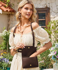 Absolutely Rad Renaissance Belt Pouch For Women, Dope Pirate Halloween Cosplay Hip Bag, Extra Large Capacity Hands Free Smartphone And Keys Holster In Vintage Sepia worn by a woman outdoors.