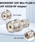 Mini UHF PL259 To UHF SO239 Coax Adapter Set 2 Pack with nickel plated brass body, teflon insulator, and detailed view of connectors.