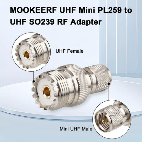 Mini UHF PL259 To UHF SO239 Coax Adapter Set 2 Pack with nickel plated brass body, teflon insulator, and detailed view of connectors.