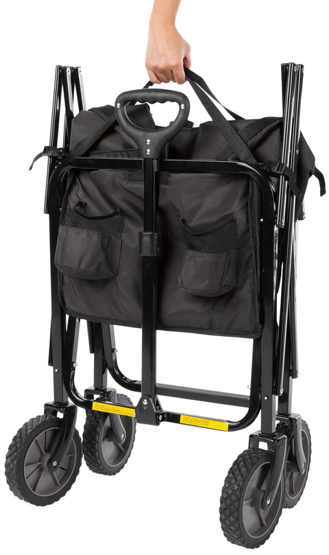 Heavy Duty Collapsible Utility Wagon For Outdoor Gear And Camping 265 Pound Capacity With Wide 40 Inch Loading Space 27 Point 6 Inch High And 20 Inch Deep Includes A Cover Bag For Garden Shopping And Hauls In Black, folded view