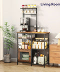 Espresso Coffee Bar Cabinet Organizer With Eight Hooks, Shelves And Door, microwave stand with adjustable feet in living room