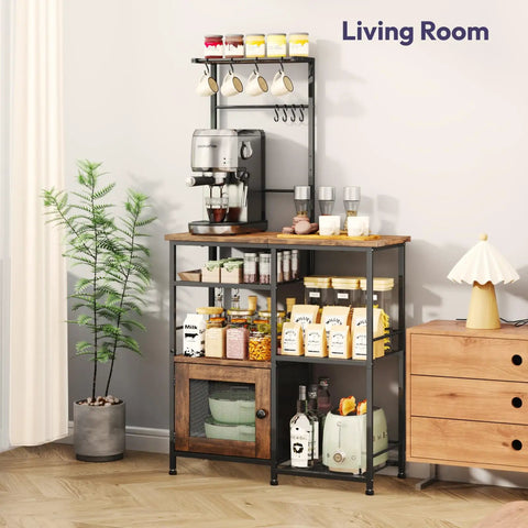 Espresso Coffee Bar Cabinet Organizer With Eight Hooks, Shelves And Door, microwave stand with adjustable feet in living room