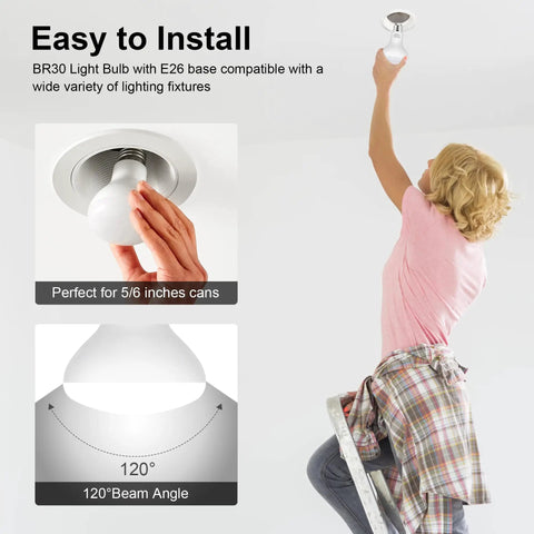 Person installing BR30 Flood LED Light Bulbs 5000K Daylight 65W Equivalent E26 Base Dimmable 850 Lumens in recessed ceiling