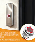 Stainless steel button with Two Pack 19mm Latching Push Button Switch IP67 LED Indicator on wall, close-up view.