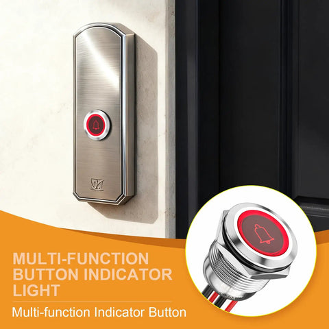 Stainless steel button with Two Pack 19mm Latching Push Button Switch IP67 LED Indicator on wall, close-up view.