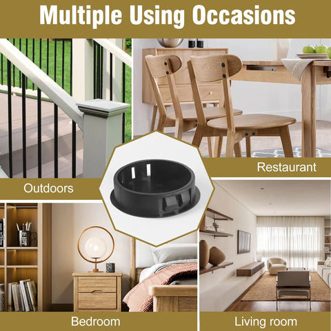 10 Pcs 38mm Plastic Hole Plugs Snap In Locking Hole Covers for furniture posts and fencing; black nylon use in various interiors.