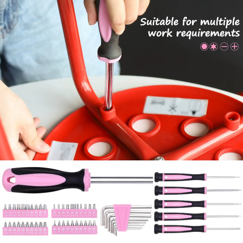 Pink 208 Piece Tool Kit for Women With Round Pouch Handy Home Maintenance Set for Apartment Living Everyday Household Tools Including Hammer Pliers Screwdrivers Hex Keys Bits and Adjustable Wrench Great Gift for Her in use on red furniture