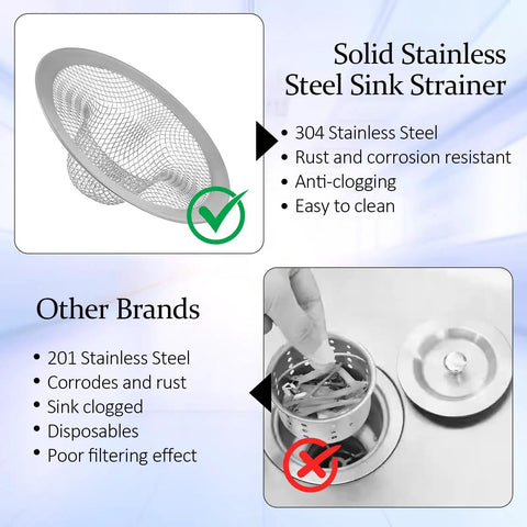 Comparison image of solid stainless steel sink strainer vs other brands, highlighting rust-resistant features of the 100 Pack Heavy Duty Stainless Steel Sink Strainers And Drain Basket Filters.