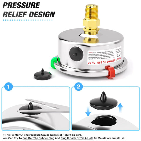 Pressure relief design of Beefy Stainless Steel Liquid Filled Pressure Gauge 0 to 30 Psi 1 Quarter NPT Center Back Mount.