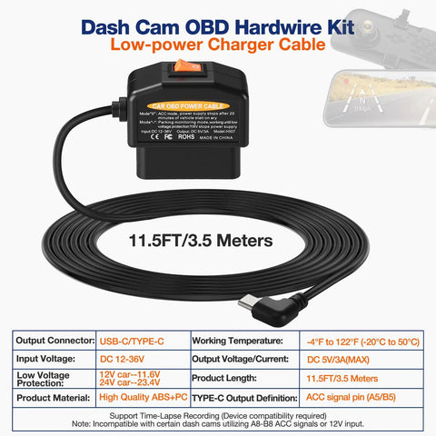 Ultimate OBD2 to USB C Adapter Hardwire Kit for Dash Cameras, showing 3.5m cable, low voltage protection.
