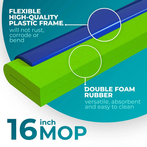 Close-up view of 16 inch mop head with flexible plastic frame and double foam rubber for Workhorse Squeegee Broom Scrubbing Brush With Telescopic Handle For Garage Patio Deck Tile And Shower 16 Inch 3 Pack Multi Surface Floor And Window Cleaner.