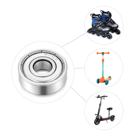 608z Sealed Deep Groove Ball Bearings 8x22x7mm Miniature shown with roller skates, scooter, and bike applications