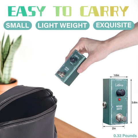 Hand holding Noise Gate Pedal For Electric Guitars Mini Stompbox True Bypass 9V DC Power with easy three knob setup