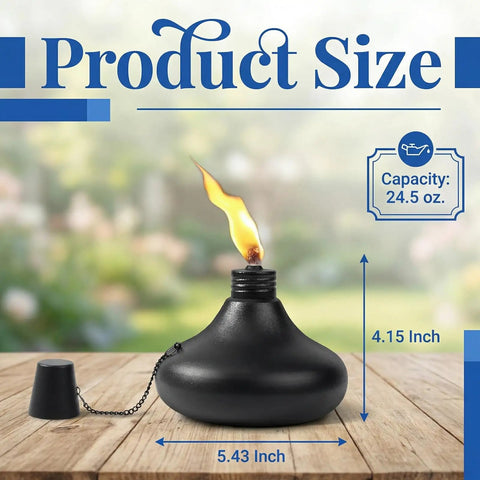 Upgraded Tabletop Torch Set Of 6 With 24.5 Oz Citronella Fuel Refillable Metal Lanterns showing size and capacity