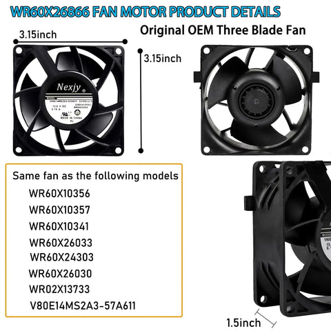 Upgraded OEM WR60X26866 evaporator fan motor for refrigerator with dimensions and compatible models