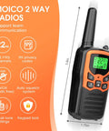 Long Range Walkie Talkies For Adults 2 Pack With 22 FRS Channels 99 CTCSS Privacy Tones VOX LCD Display And LED Flashlight Orange shown with features.
