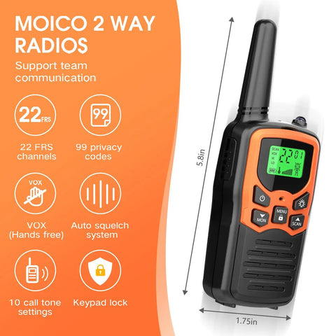 Long Range Walkie Talkies For Adults 2 Pack With 22 FRS Channels 99 CTCSS Privacy Tones VOX LCD Display And LED Flashlight Orange shown with features.