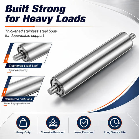 Durable Galvanized Steel Conveyor Rollers, 8 Inch X 2 Inch Diameter, featuring thickened steel shell for heavy loads.