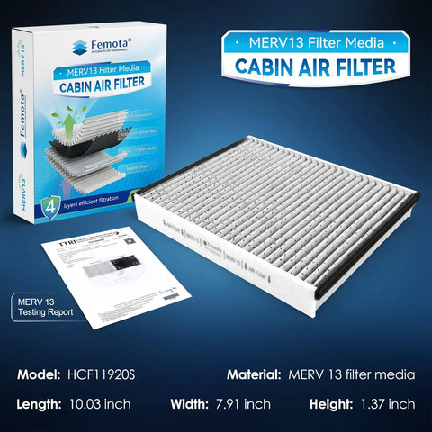 MERV 13 Cabin Air Filter With Activated Carbon Four Layer Filtration Replacement CF11920 packaging and filter displayed