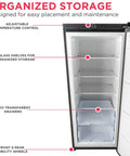 10 Cu Ft Upright Convertible Fridge Freezer With Reversible Door Removable Glass Shelves Adjustable Controls Platinum Finish interior view