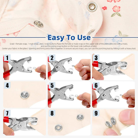 Comprehensive 407 Piece Metal Snap Button Kit Featuring Three Eighths Inch Silver Fasteners Heavy Duty Press Pliers installation steps.