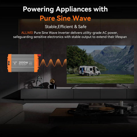 Heavy Duty 2000W Pure Sine Wave Power Inverter Converts 12V DC To 120V AC For RV And Truck With 4000 Watt Surge Output used for powering appliances.