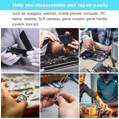 Various uses of Magnetic 25 Piece Nerd-Grade Precision Screwdriver Set with Torx, flat, and Phillips bits for electronics repair