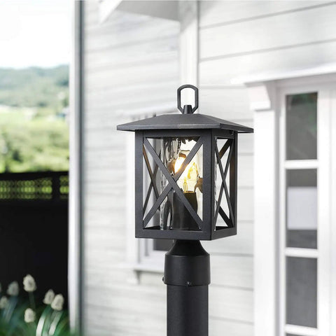 Seventeen Inch High Outdoor Post Light Set With Pier Mount Base Matte Black Lantern Featuring Clear Water Glass