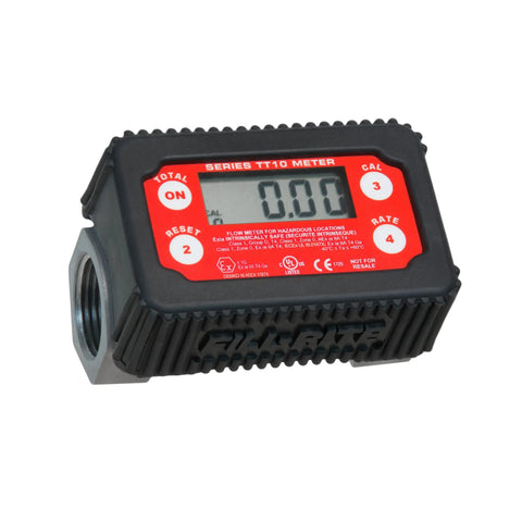Inline 1 Inch Digital Turbine Meter for Chemical Transfers, Nickel Plated Housing, displays 0.00 on screen