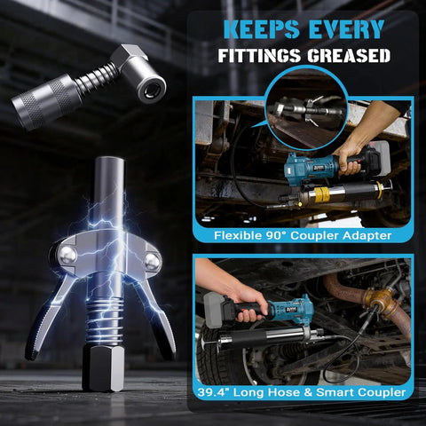 Cordless 12000 PSI Electric Grease Gun with Brushless Motor in use, 39.4 Inch Hose, 90 Degree Swivel, LED Light, battery not included