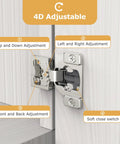 4D adjustable features of Two Piece 1/4 Inch Small Overlay Cabinet Hinges For Face Frame Doors, concealed soft close hinge.