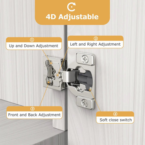 4D adjustable features of Two Piece 1/4 Inch Small Overlay Cabinet Hinges For Face Frame Doors, concealed soft close hinge.