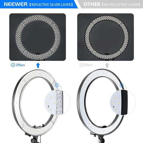Comparison of dimmable 18 inch LED ring light with 55W output 5500K daylight, showing reflective silver layer effect