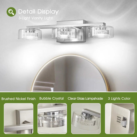 Dimmable Led Three Light Bathroom Vanity Light Over Mirror with modern crystal brushed nickel finish and clear glass shades