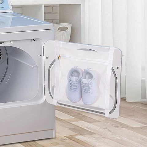 Large Honeycomb Mesh Laundry Bag With Zipper And Strap For Shoes And Clothes 15.7 By 13.8 Inches in dryer with sneakers inside
