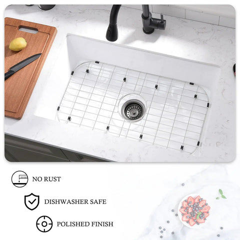 Heavy-Duty Stainless Steel Sink Grid Protectors for Single Bowl Kitchen Sinks, center drain, polished finish, in use