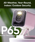 2K Indoor Outdoor WiFi Security Camera With Color Night Vision Edge AI Integrated Spotlight And Siren 2 Way Audio Works With Alexa And Google Assistant White showing IP65 weather resistance on a stand.