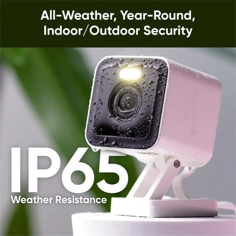 2K Indoor Outdoor WiFi Security Camera With Color Night Vision Edge AI Integrated Spotlight And Siren 2 Way Audio Works With Alexa And Google Assistant White showing IP65 weather resistance on a stand.