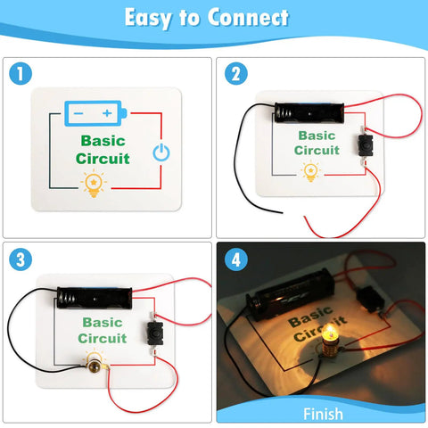 Image sequence demonstrating assembly instructions for Kid Friendly 12 Pack Electric Circuit Kits For Kids 8 Plus Hands On STEM Projects