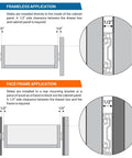 Diagram showing frameless and face frame application of 28 Inch Full Extension Soft Close Drawer Slides With Ball Bearing For Heavy Duty Cabinets, 100 Lb Capacity.
