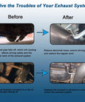 Before and after images showing exhaust system stability using Universal Exhaust Hanger Rod Set 4 Pieces 10 Inch Long 304 Stainless Steel