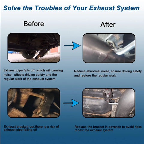 Before and after images showing exhaust system stability using Universal Exhaust Hanger Rod Set 4 Pieces 10 Inch Long 304 Stainless Steel