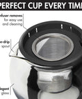 Half Moon Glass Teapot With Removable Infuser And Fine Mesh Stainless Steel Filter Dishwasher Safe 40 Ounce Black Tea Maker Borosilicate Glass With Protective Handle Easy Pour close-up of non-drip spout and infuser